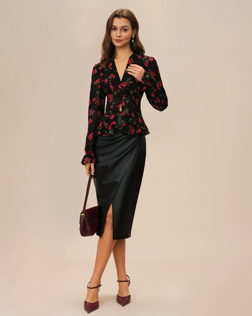 Black Floral V Neck Blouse | Rihoas
