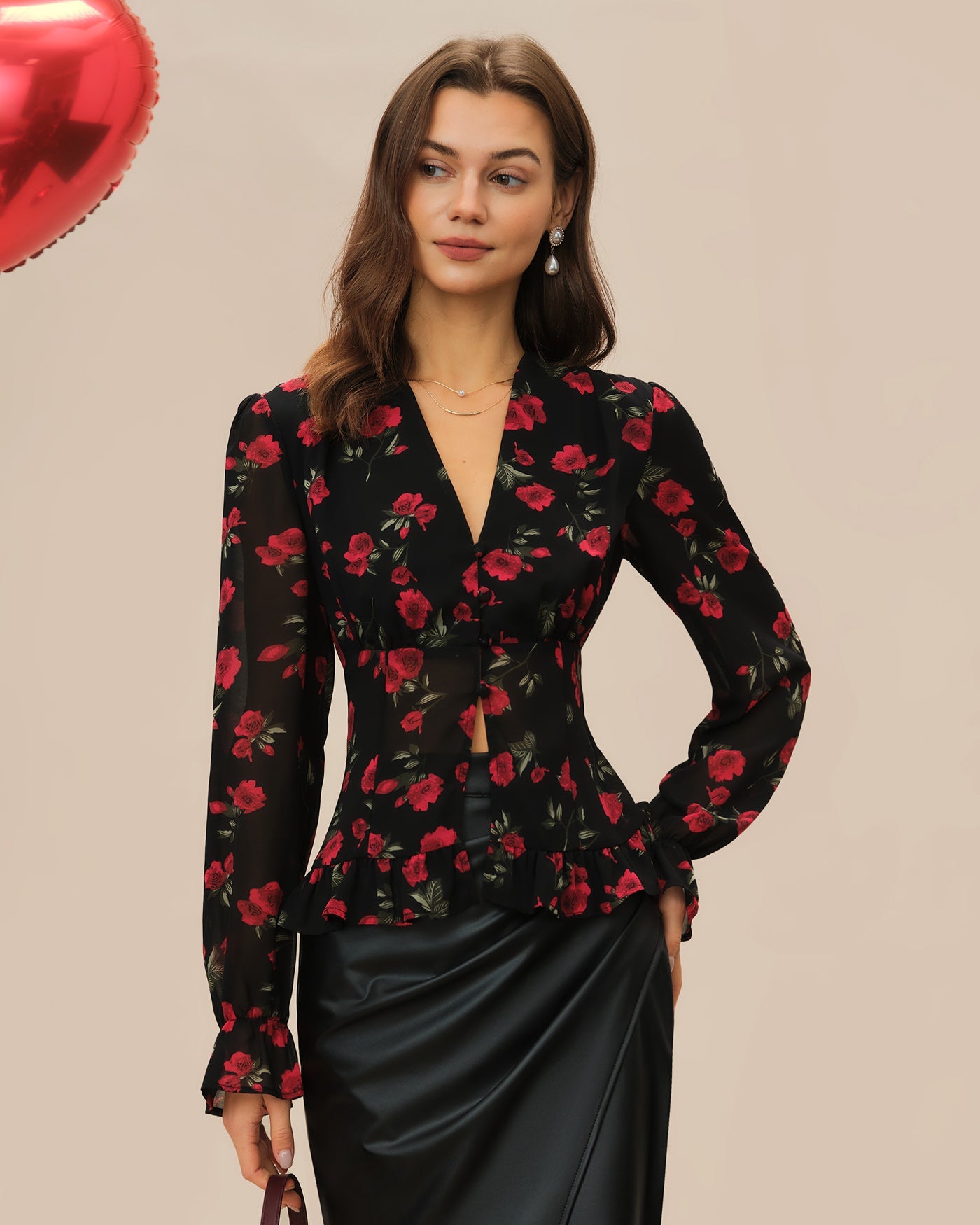 Black Floral V Neck Blouse | Rihoas