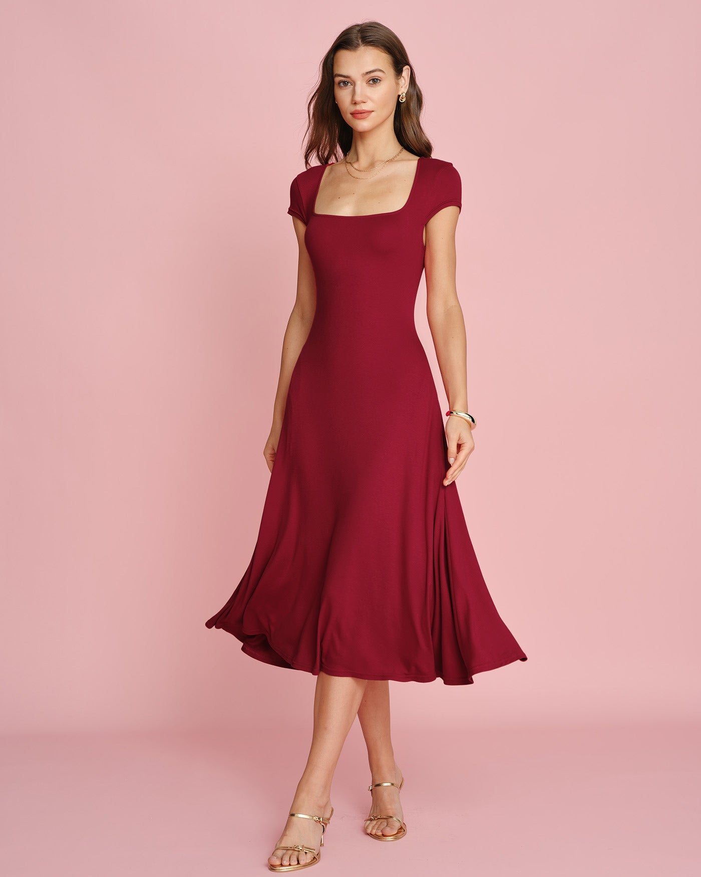 Red Square Neck Pocket Midi Dress | Rihoas