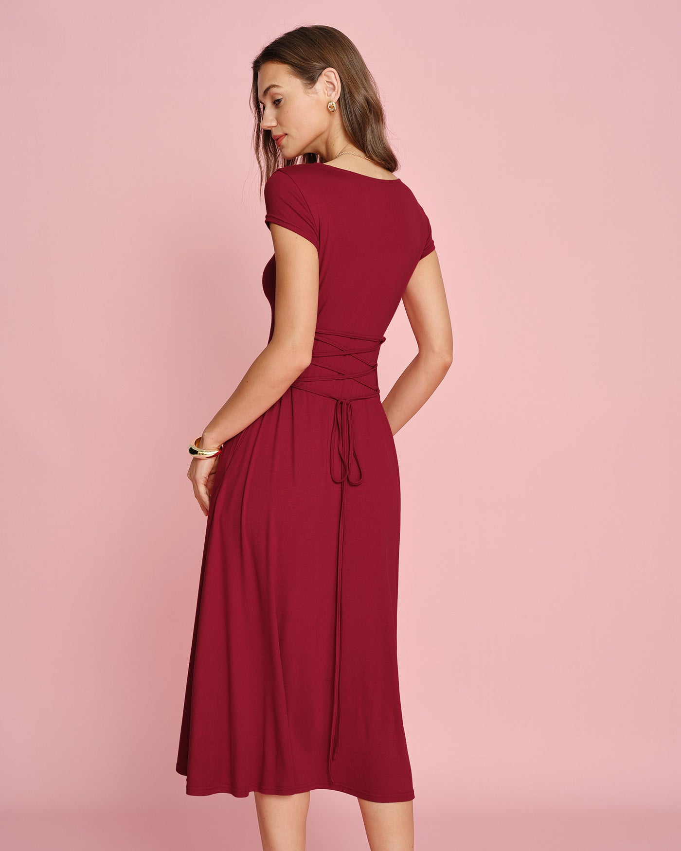 Red Square Neck Pocket Midi Dress | Rihoas