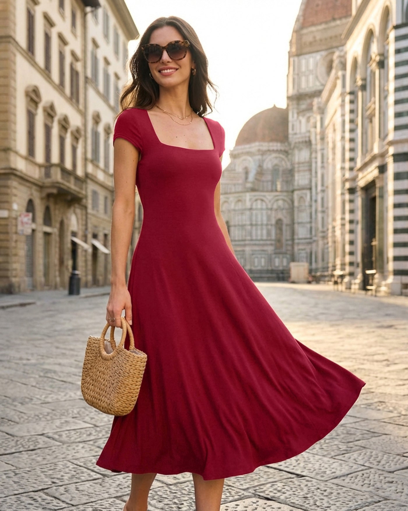 Red Square Neck Pocket Midi Dress | Rihoas