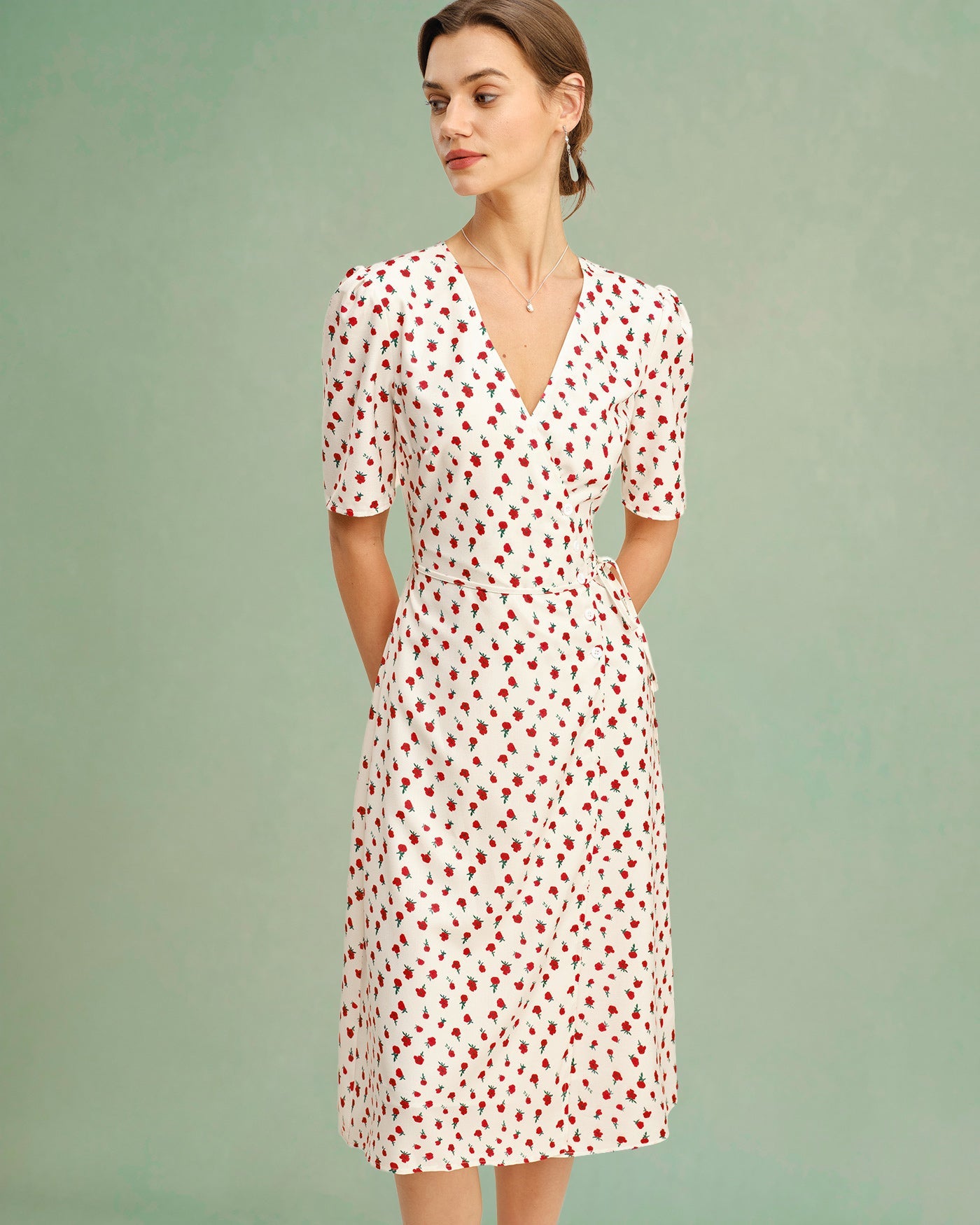Apricot Floral V Neck Midi Dress | Rihoas