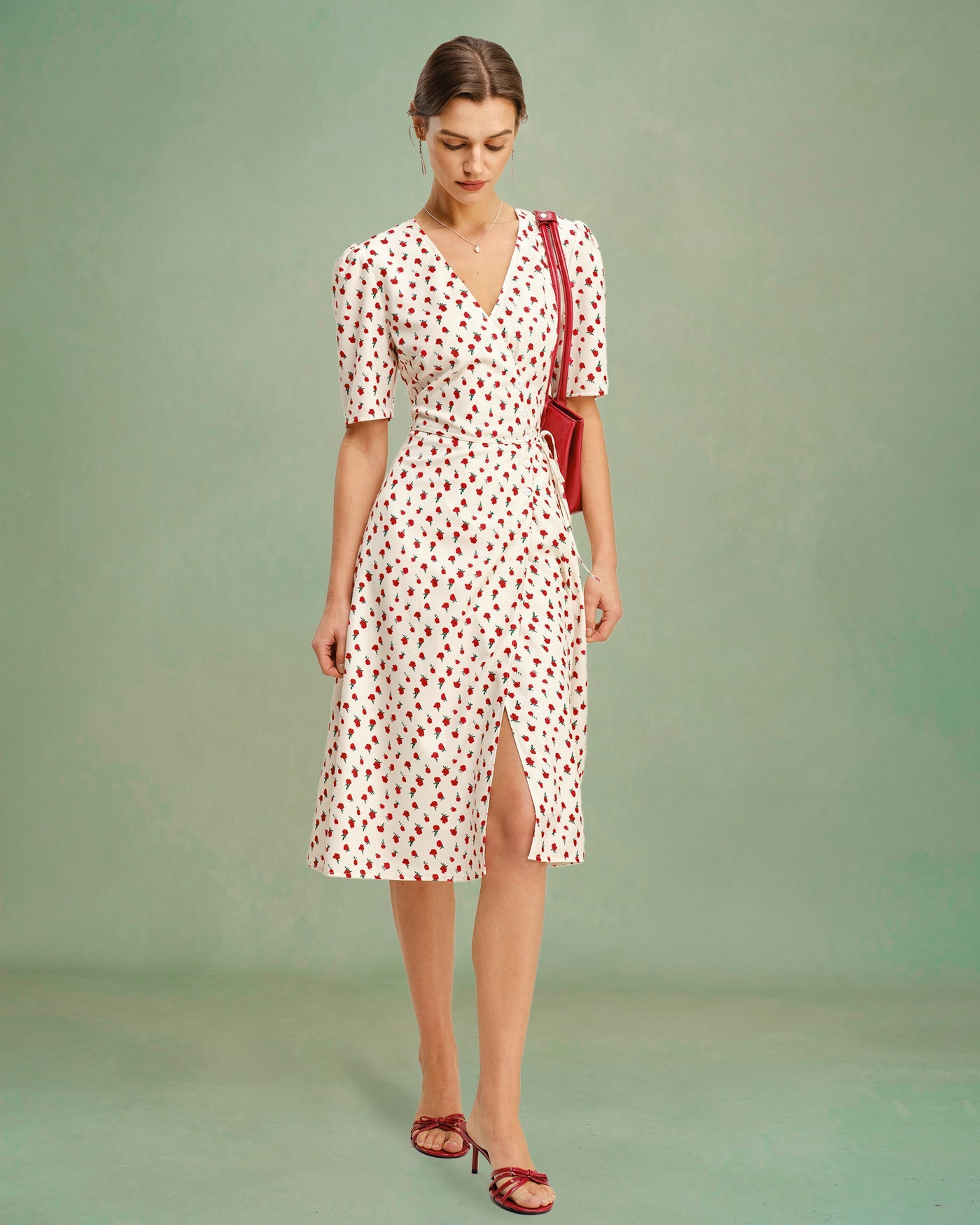 Apricot Floral V Neck Midi Dress | Rihoas