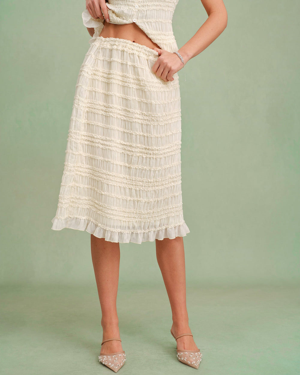 Apricot Elastic Waist Shirred Midi Skirt | Rihoas