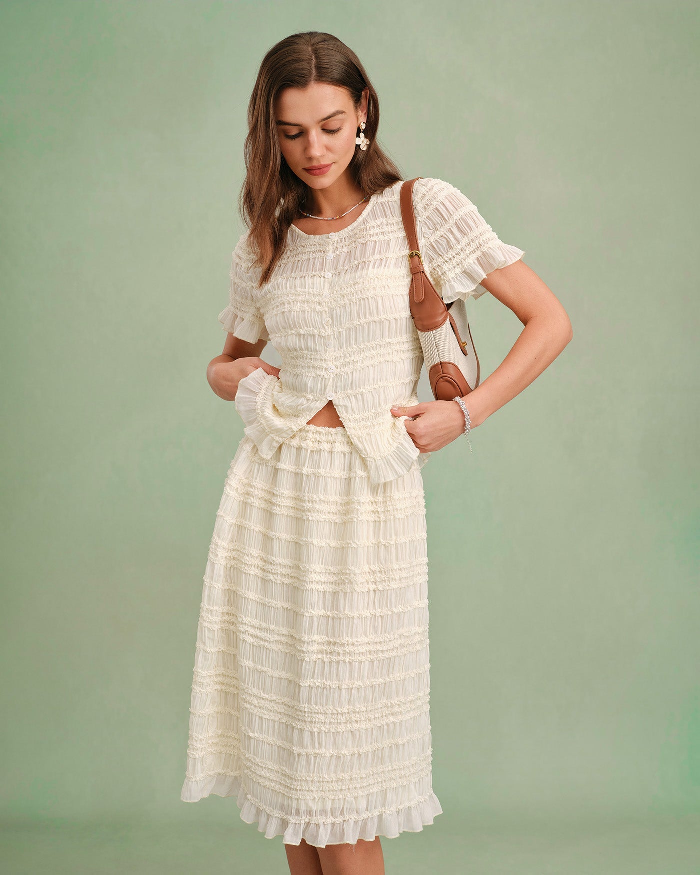 Apricot Elastic Waist Shirred Midi Skirt | Rihoas