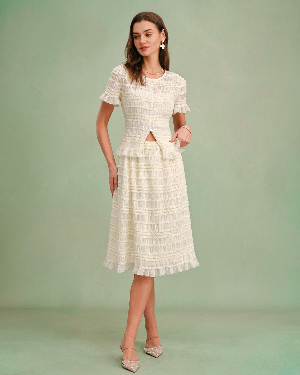 Apricot Elastic Waist Shirred Midi Skirt | Rihoas
