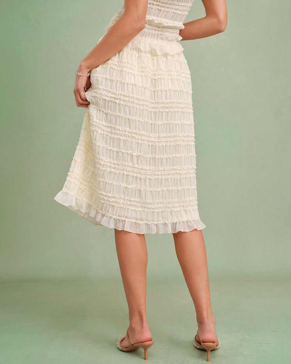 Apricot Elastic Waist Shirred Midi Skirt | Rihoas