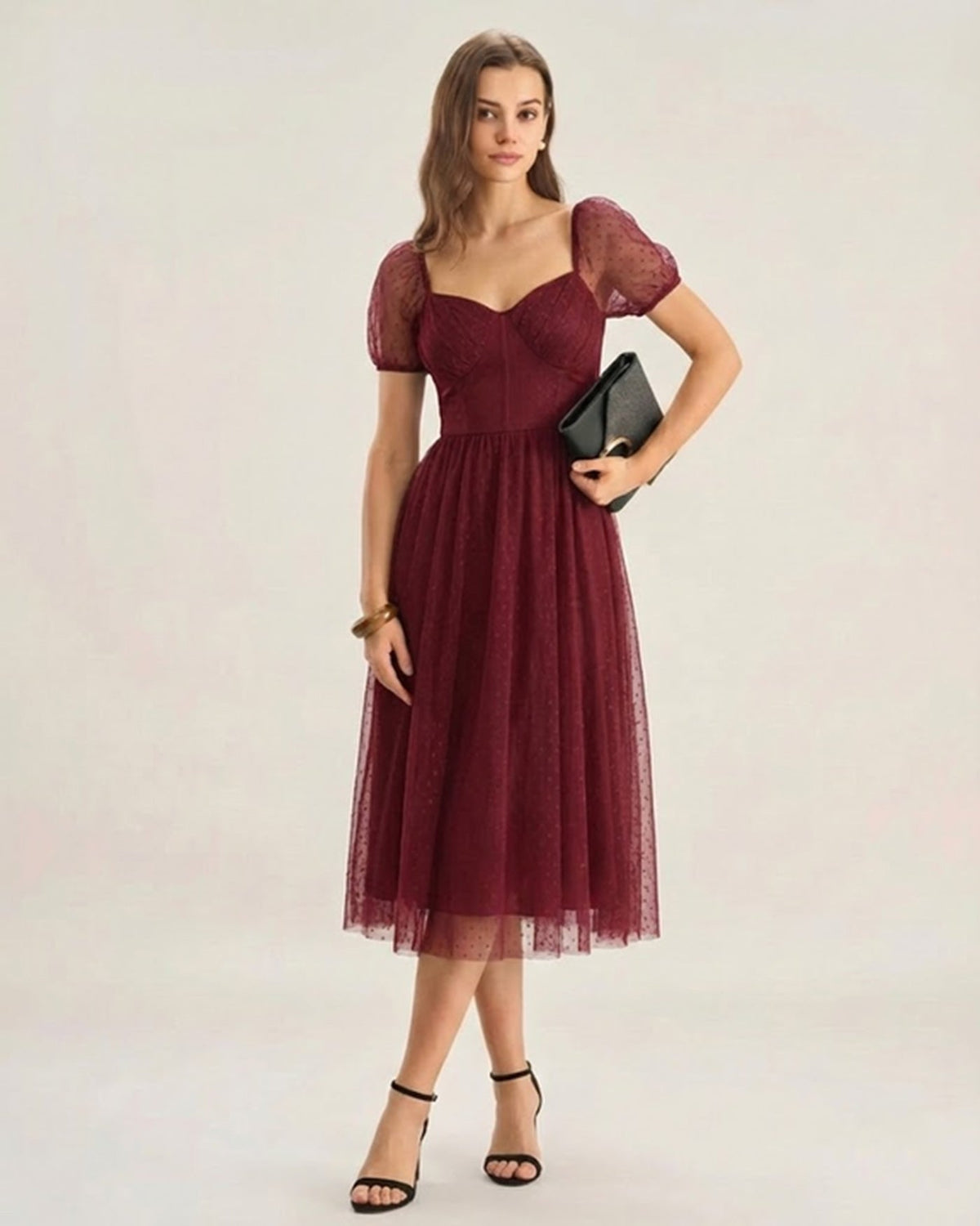 Red Sweetheart Neck Polka Dot Midi Dress | Rihoas