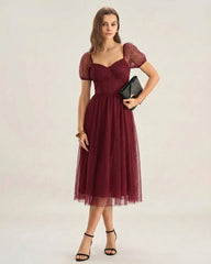 Red Sweetheart Neck Polka Dot Midi Dress | Rihoas