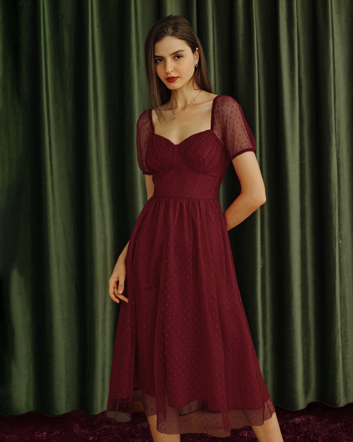 Red Sweetheart Neck Polka Dot Midi Dress | Rihoas