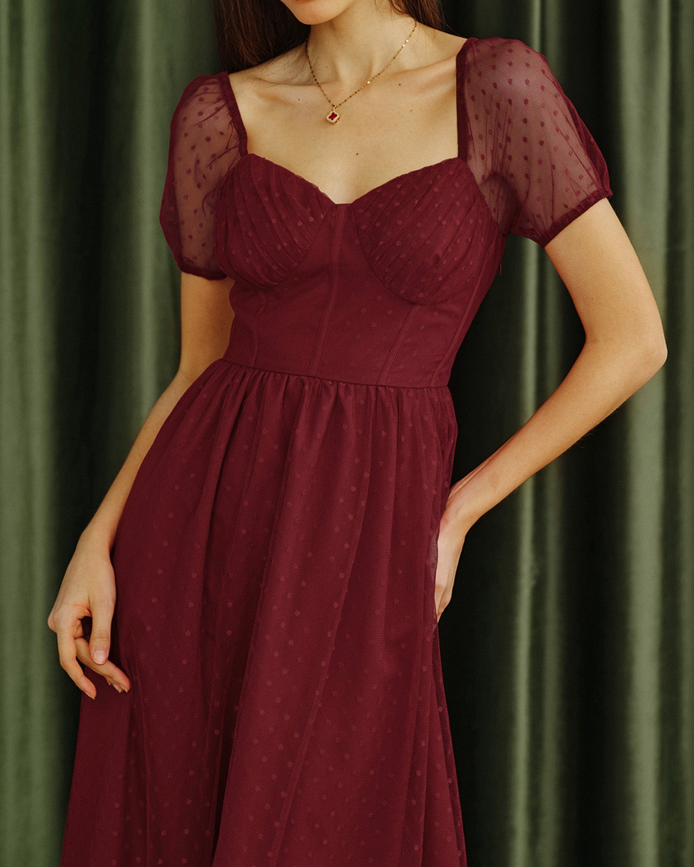 Red Sweetheart Neck Polka Dot Midi Dress | Rihoas