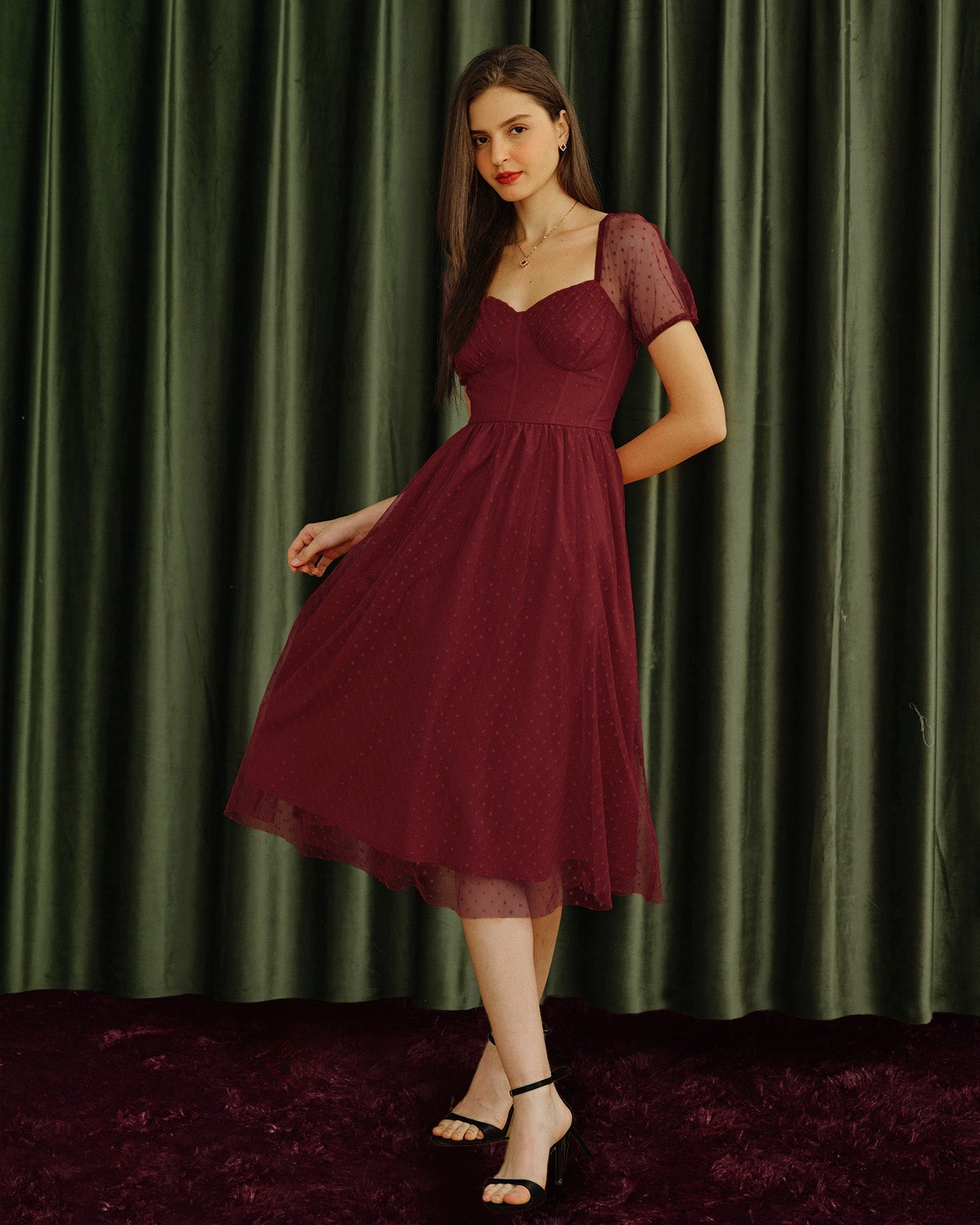 Red Sweetheart Neck Polka Dot Midi Dress | Rihoas