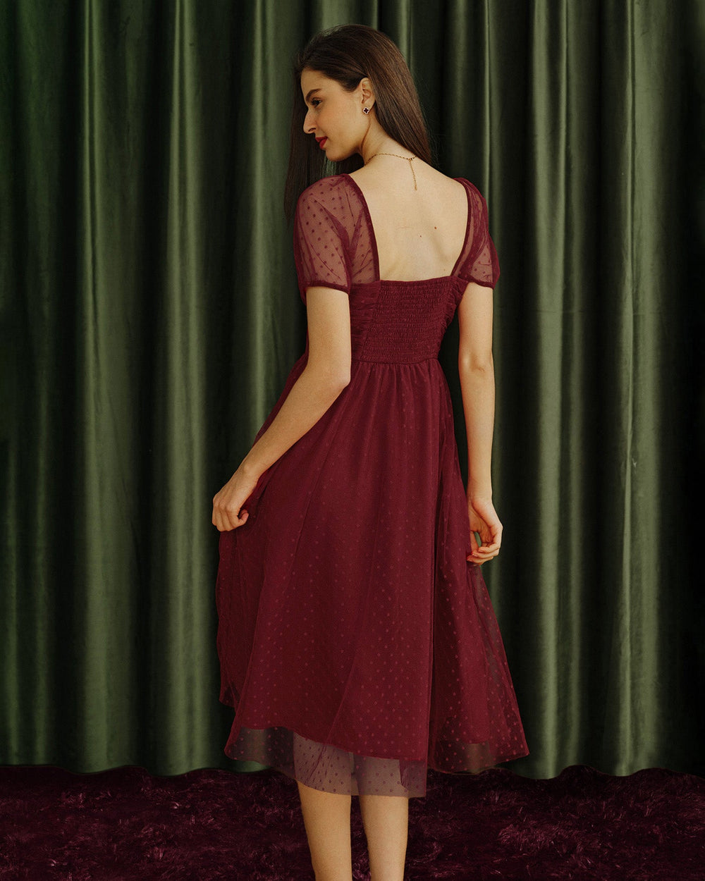 Red Sweetheart Neck Polka Dot Midi Dress | Rihoas