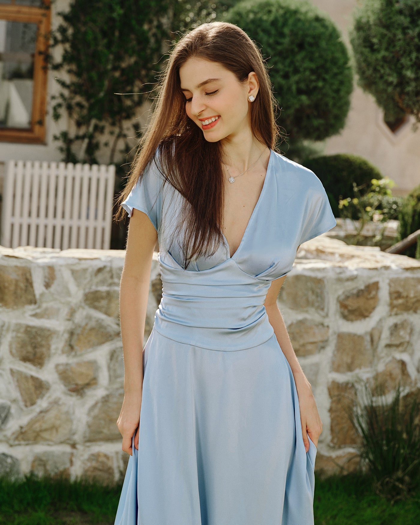 Blue Drop Shoulder Pleated Midi Dress | Rihoas