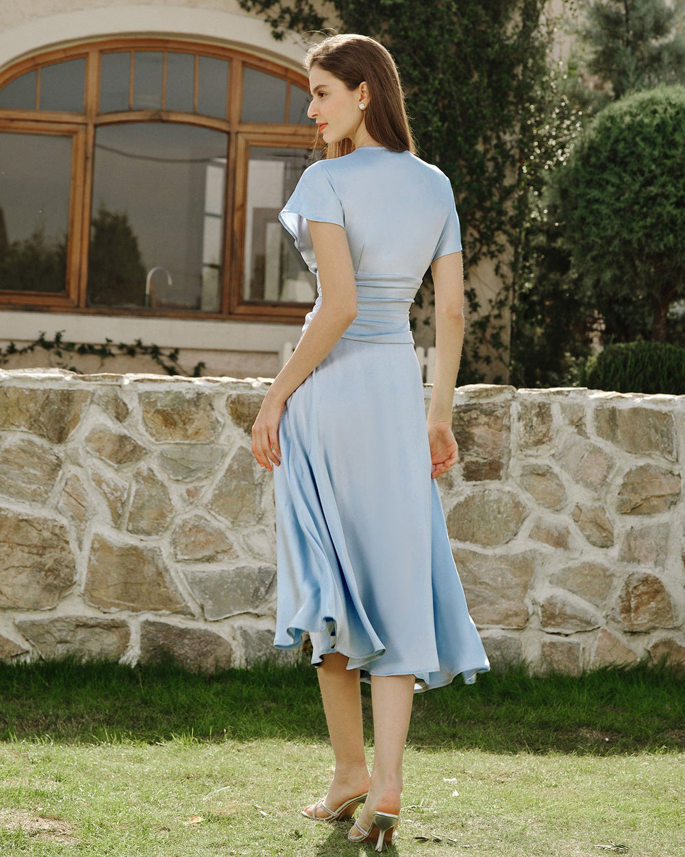 Blue Drop Shoulder Pleated Midi Dress | Rihoas