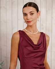 Wine Red Satin Cowl Neck Mini Dress | Rihoas