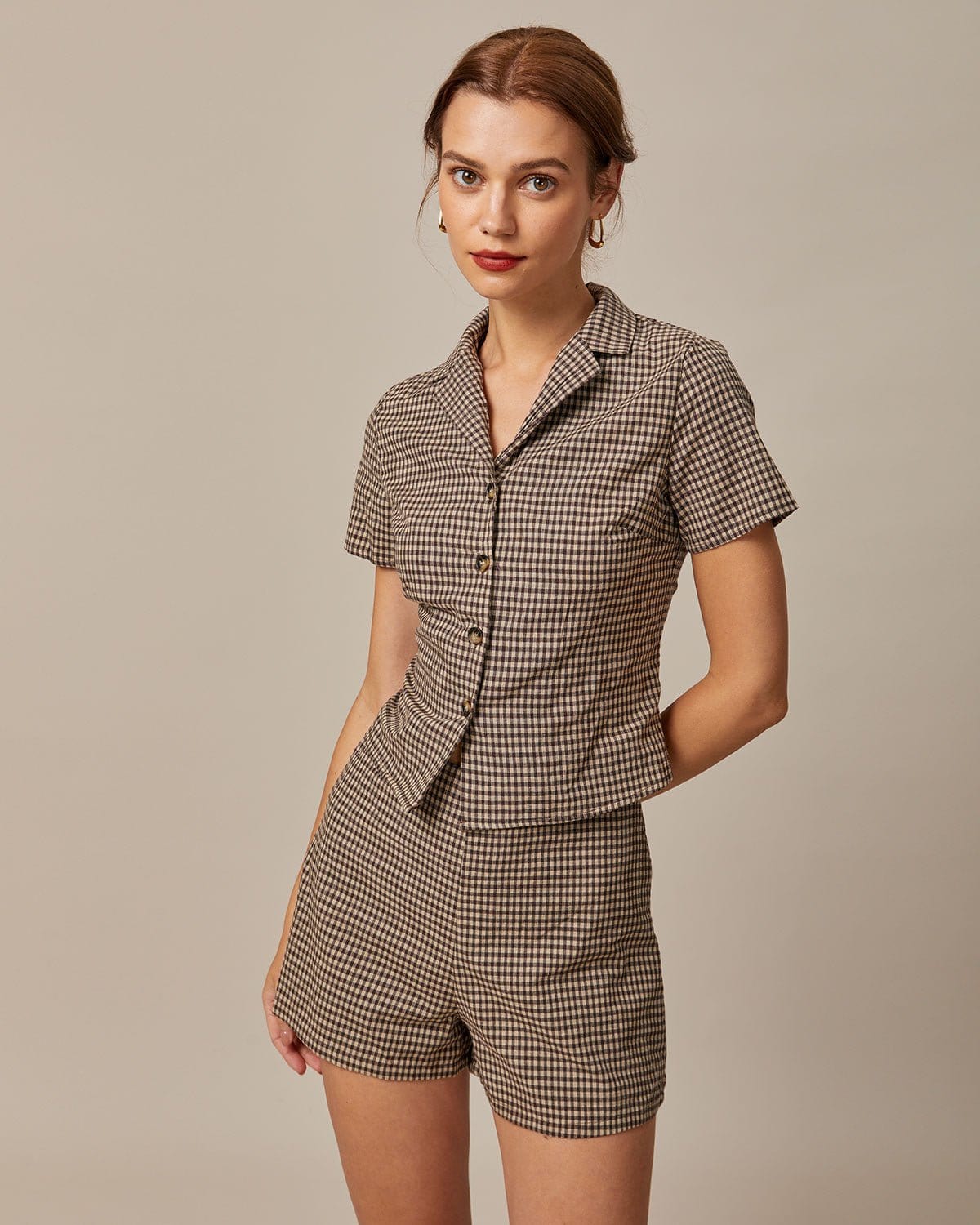 The Brown Lapel Gingham Short Sleeve Blouse | Rihoas