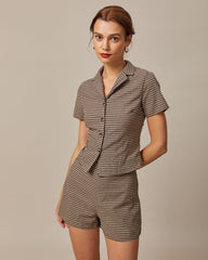 The Brown Lapel Gingham Short Sleeve Blouse | Rihoas