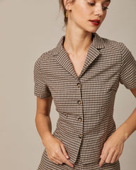 The Brown Lapel Gingham Short Sleeve Blouse | Rihoas