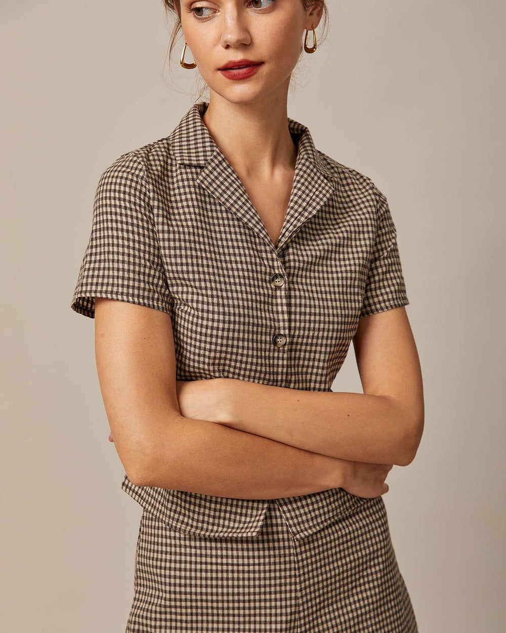 The Brown Lapel Gingham Short Sleeve Blouse | Rihoas