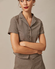 The Brown Lapel Gingham Short Sleeve Blouse | Rihoas