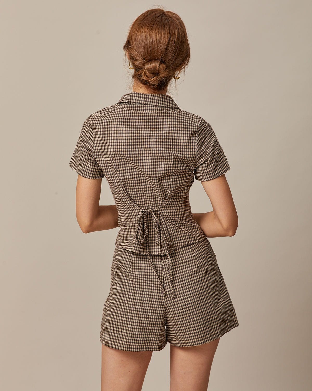 The Brown Lapel Gingham Short Sleeve Blouse | Rihoas