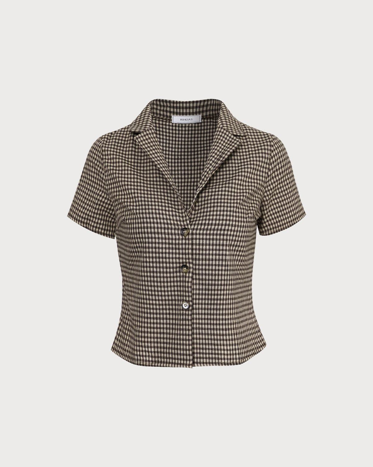 The Brown Lapel Gingham Short Sleeve Blouse | Rihoas