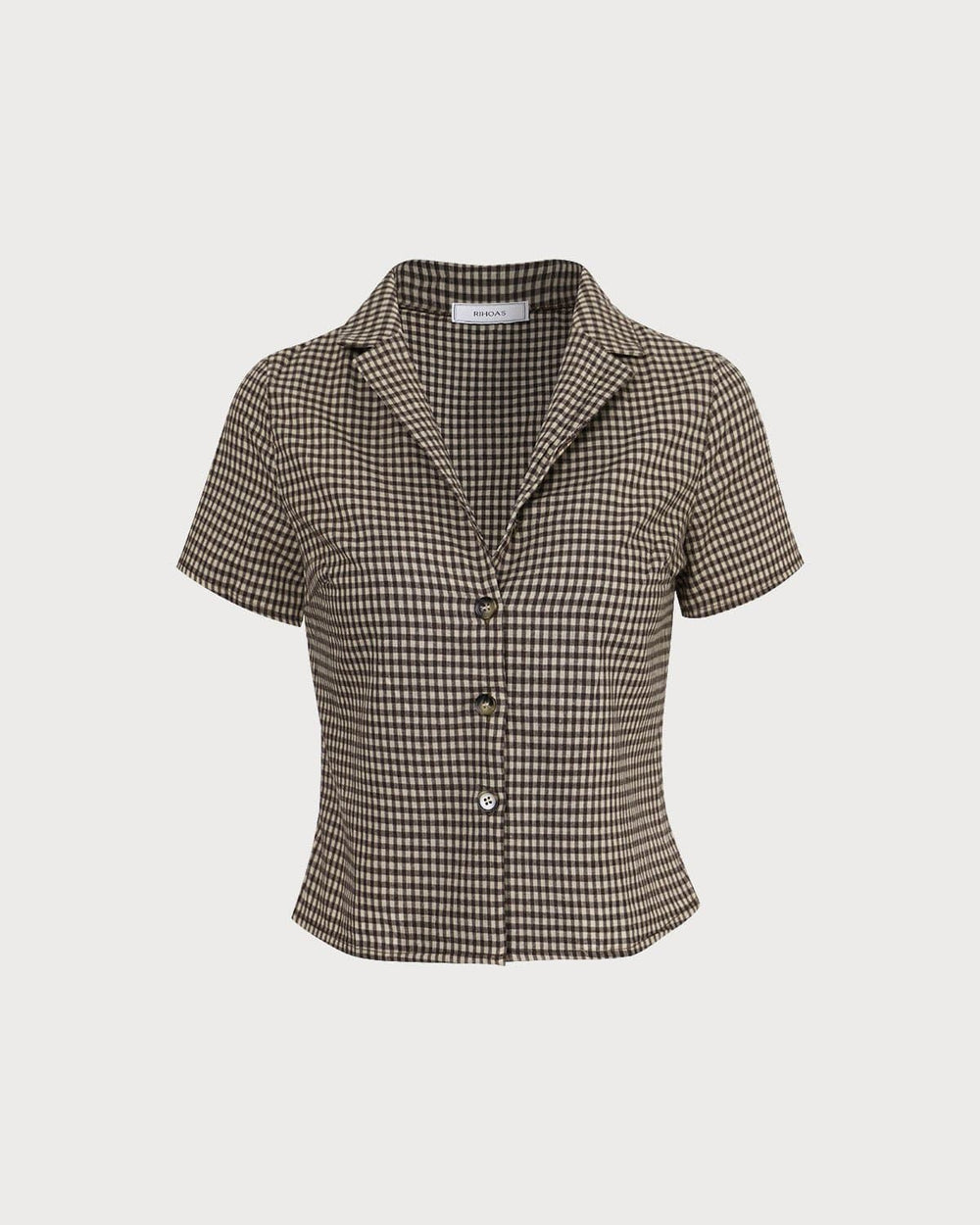 The Brown Lapel Gingham Short Sleeve Blouse | Rihoas