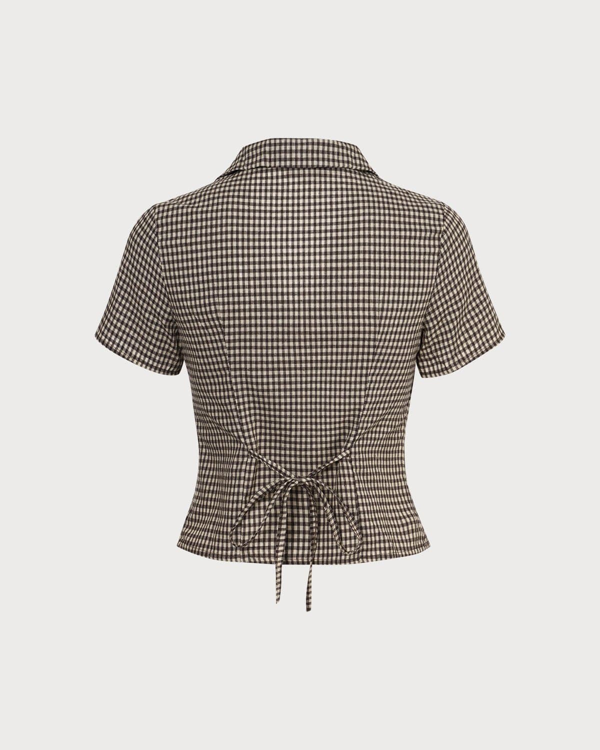 The Brown Lapel Gingham Short Sleeve Blouse | Rihoas
