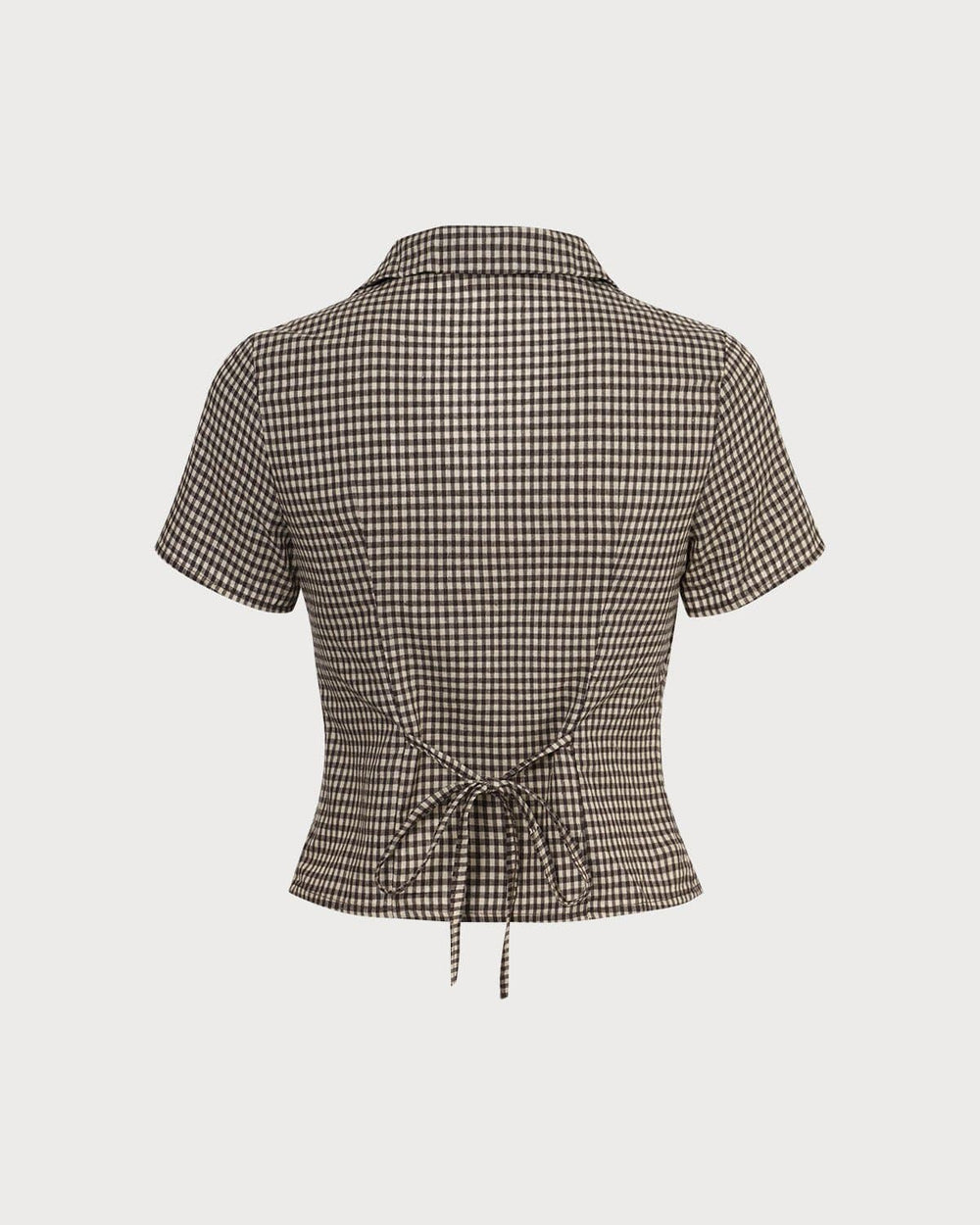 The Brown Lapel Gingham Short Sleeve Blouse | Rihoas