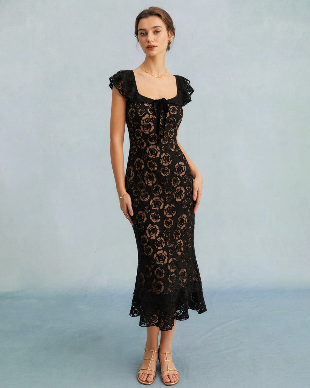 Black Textured Ruffle Mermaid Midi Dress | Rihoas