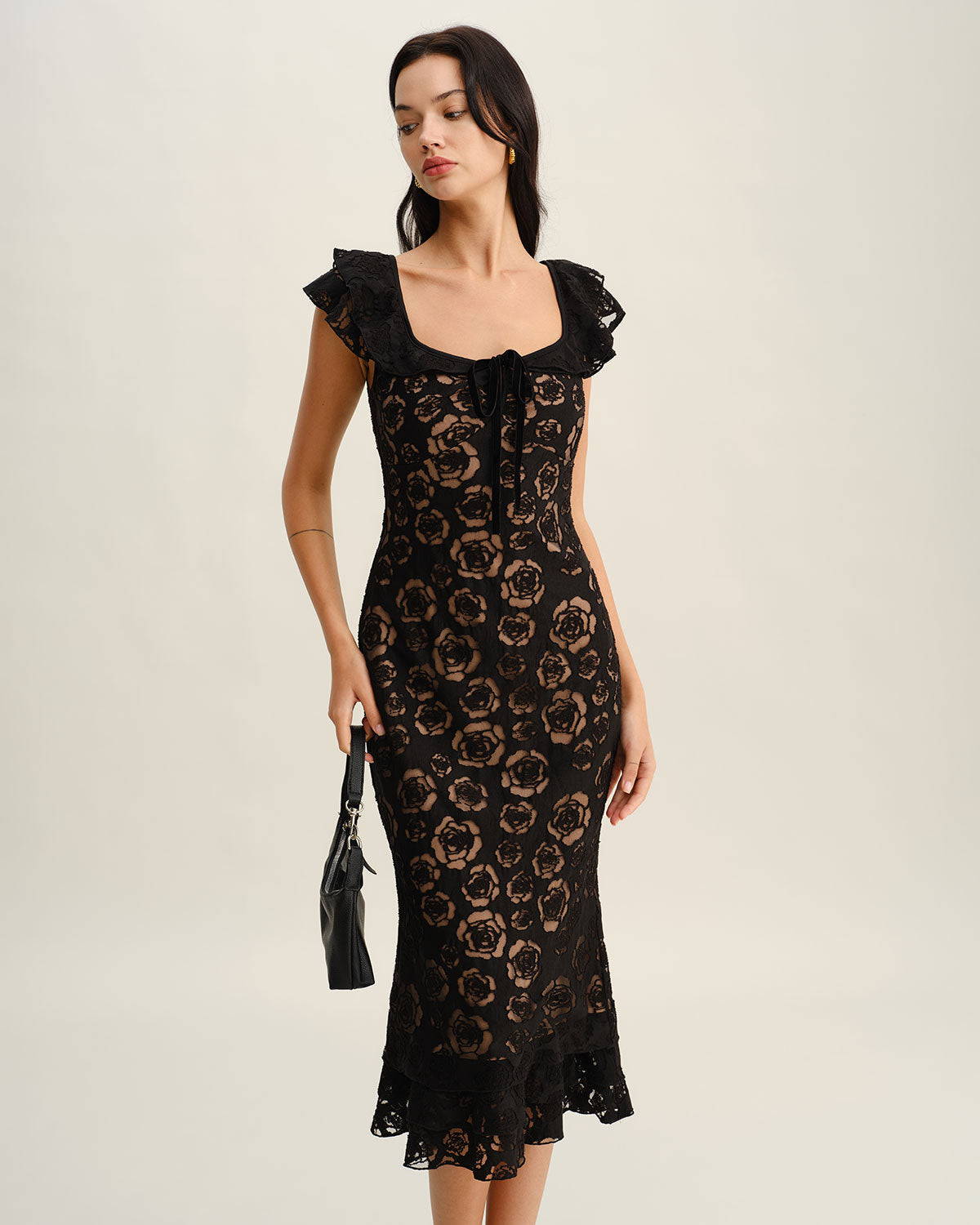 Black Textured Ruffle Mermaid Midi Dress | Rihoas