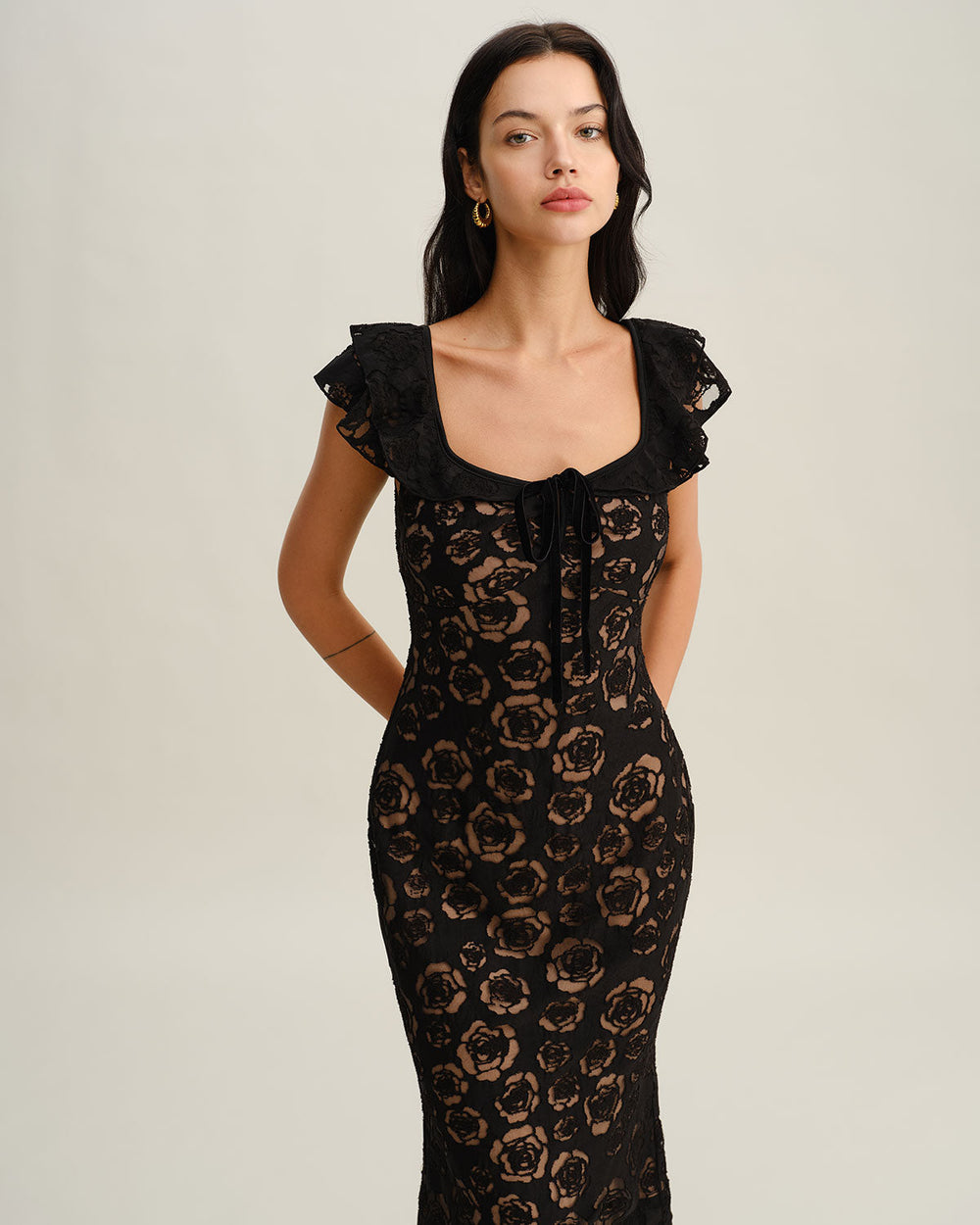 Black Textured Ruffle Mermaid Midi Dress | Rihoas
