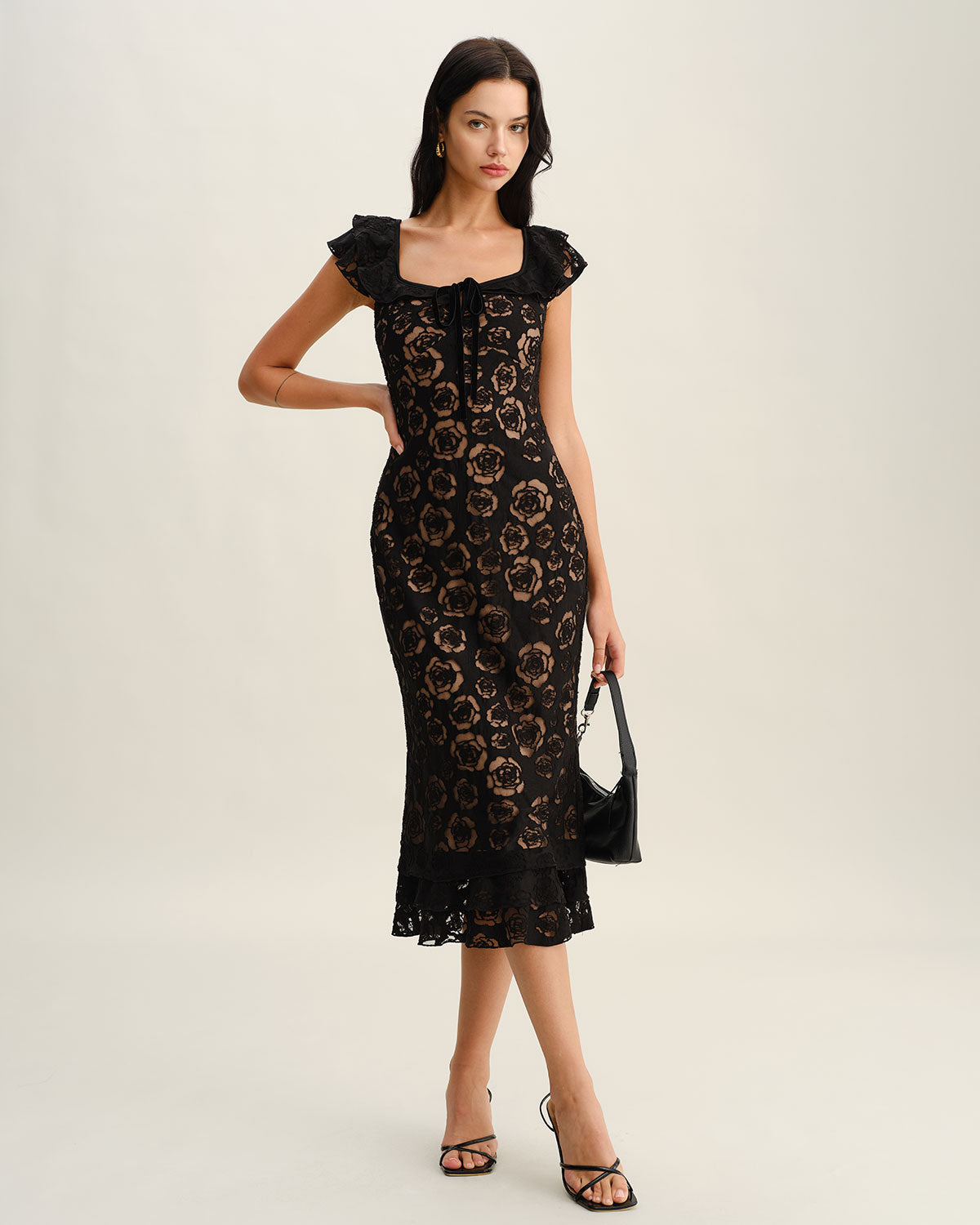 Black Textured Ruffle Mermaid Midi Dress | Rihoas