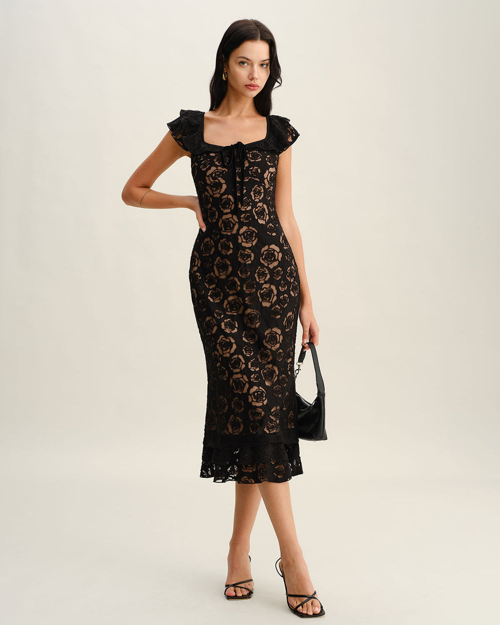 Black Textured Ruffle Mermaid Midi Dress | Rihoas