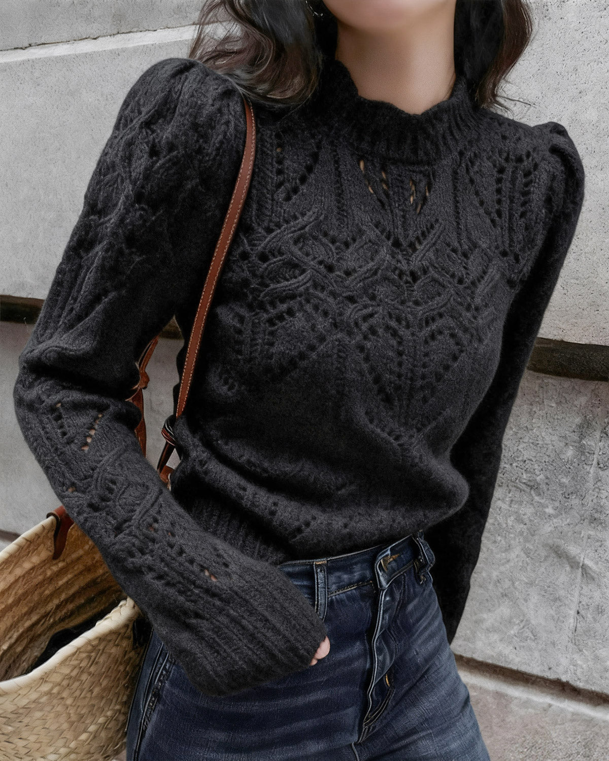 Black Round Neck Cut Out Sweater | Rihoas
