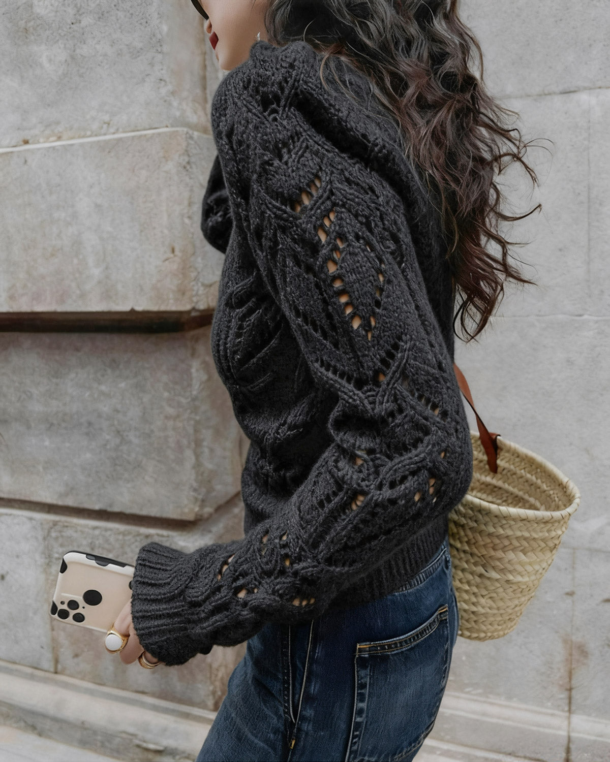 Black Round Neck Cut Out Sweater | Rihoas