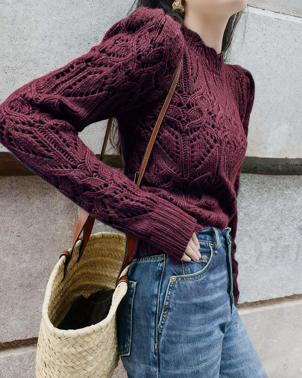 Wine Red Cut Out Sweater | Rihoas
