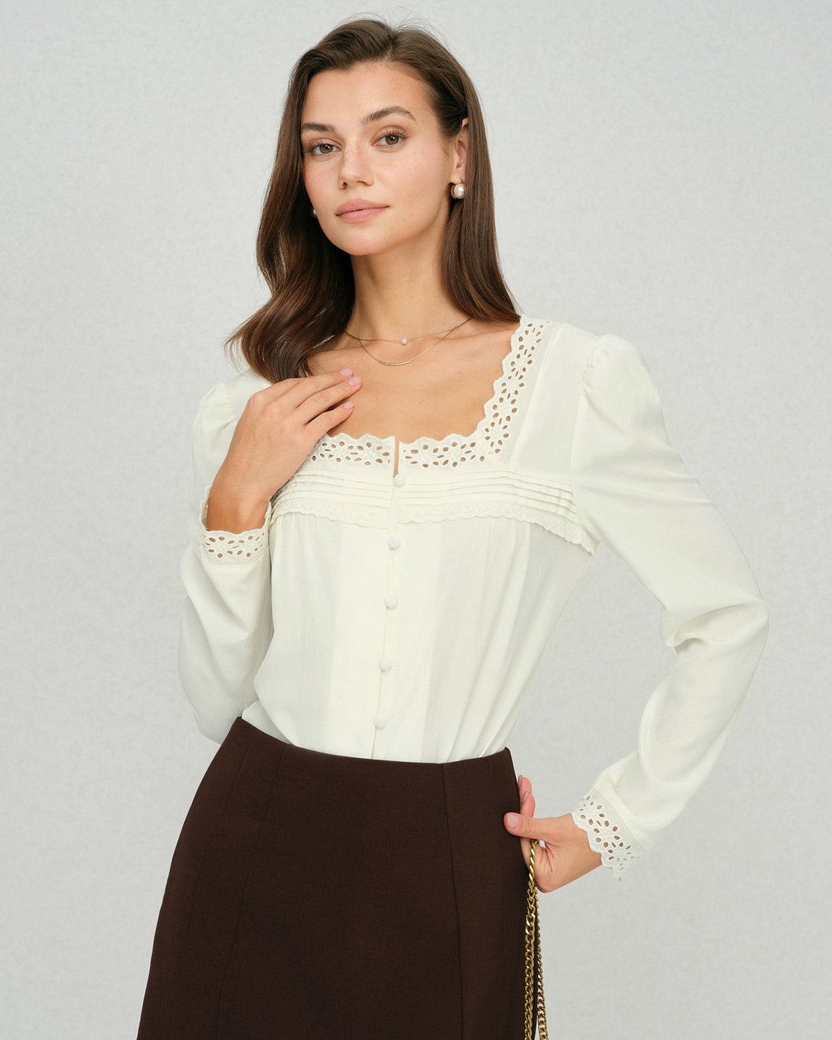 Beige Square Neck Lace Blouse | Rihoas