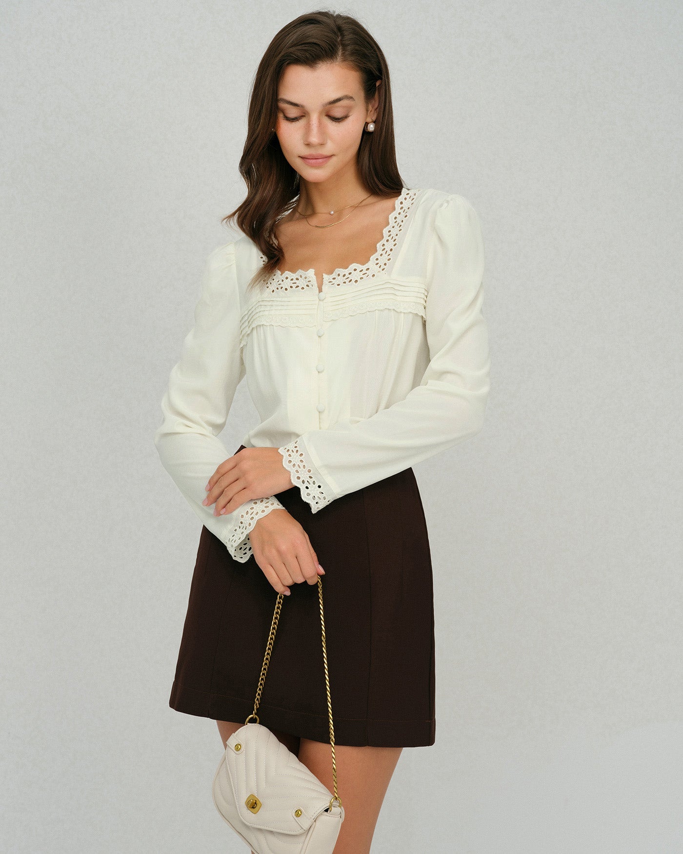 Beige Square Neck Lace Blouse | Rihoas