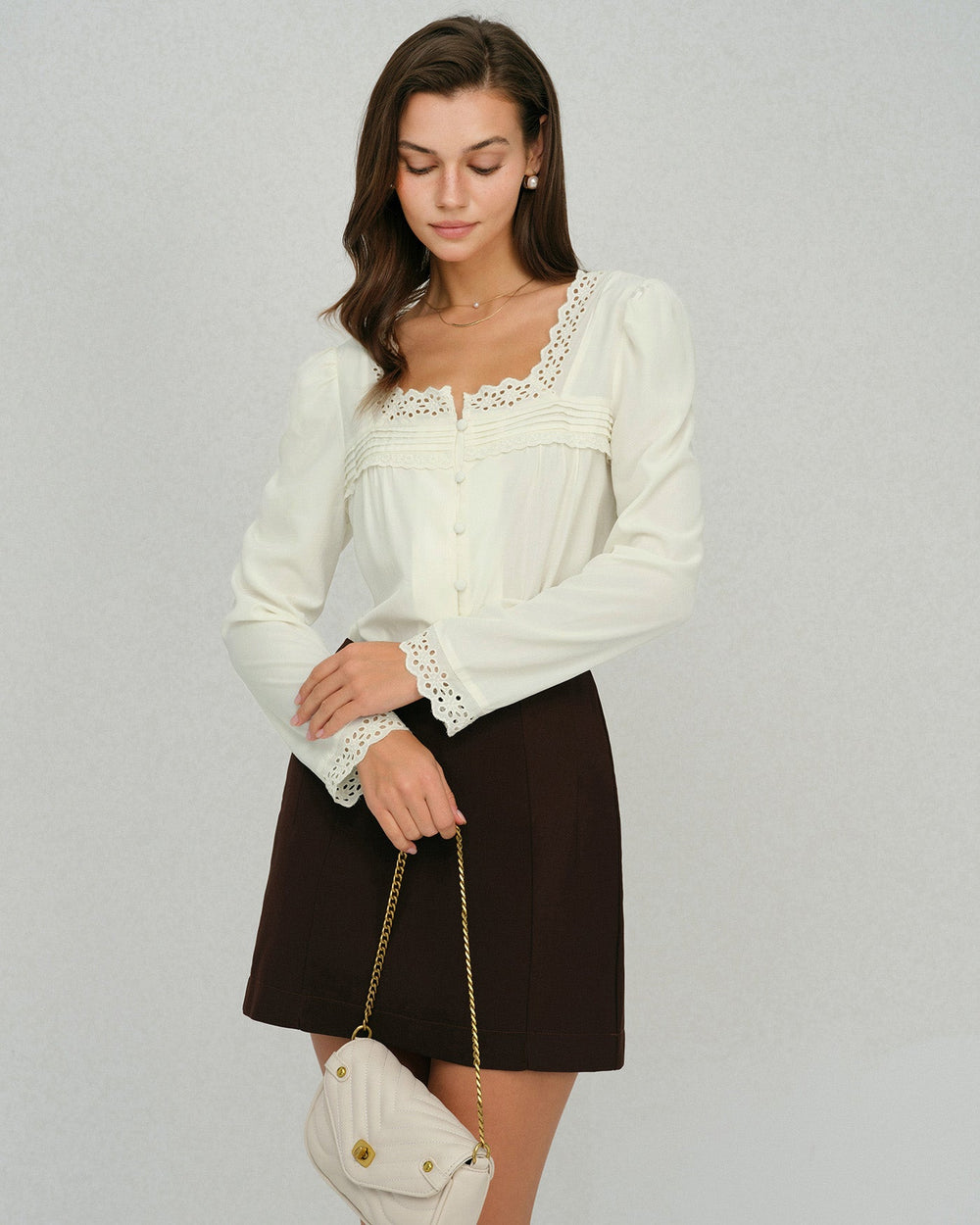 Beige Square Neck Lace Blouse | Rihoas