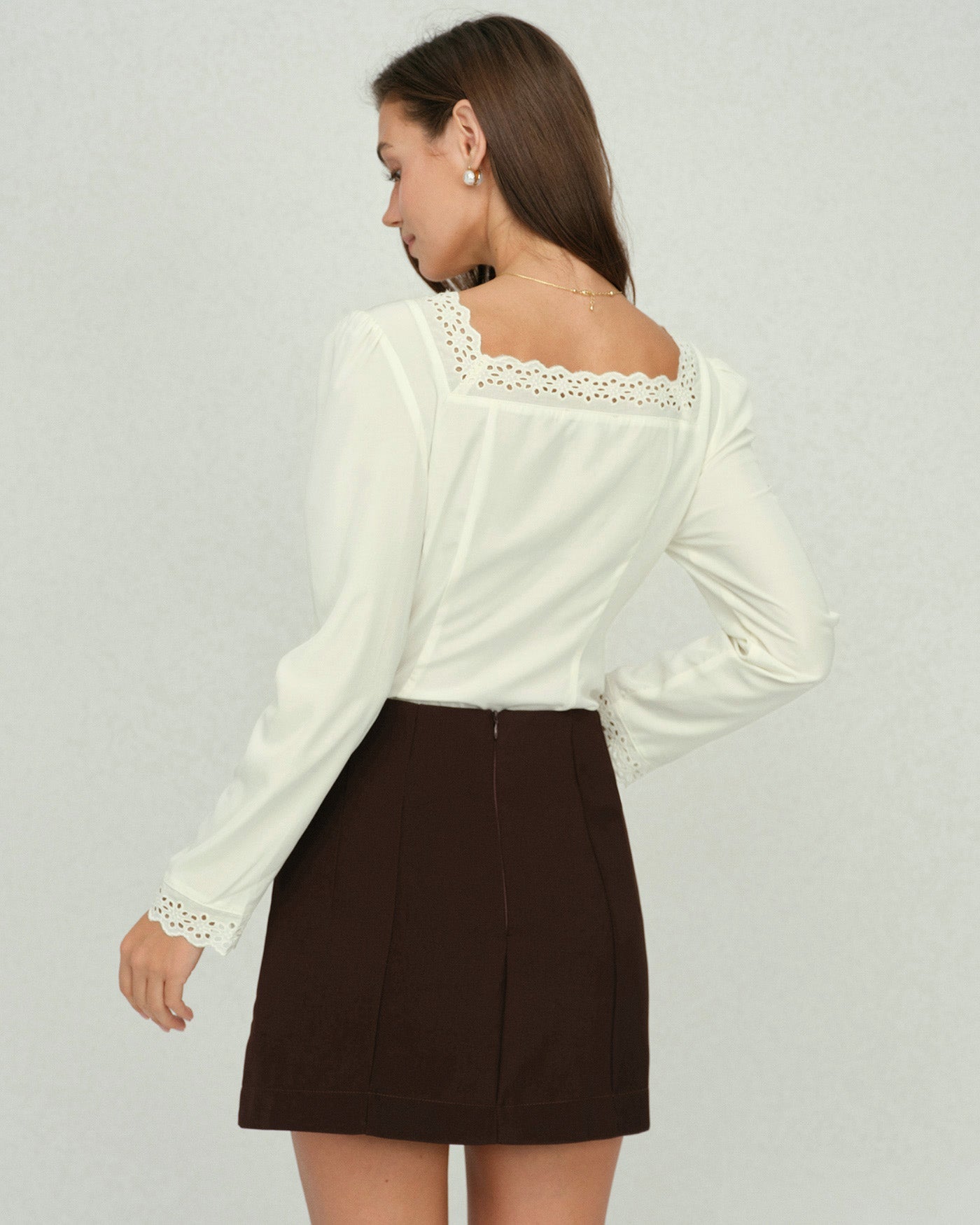 Beige Square Neck Lace Blouse | Rihoas