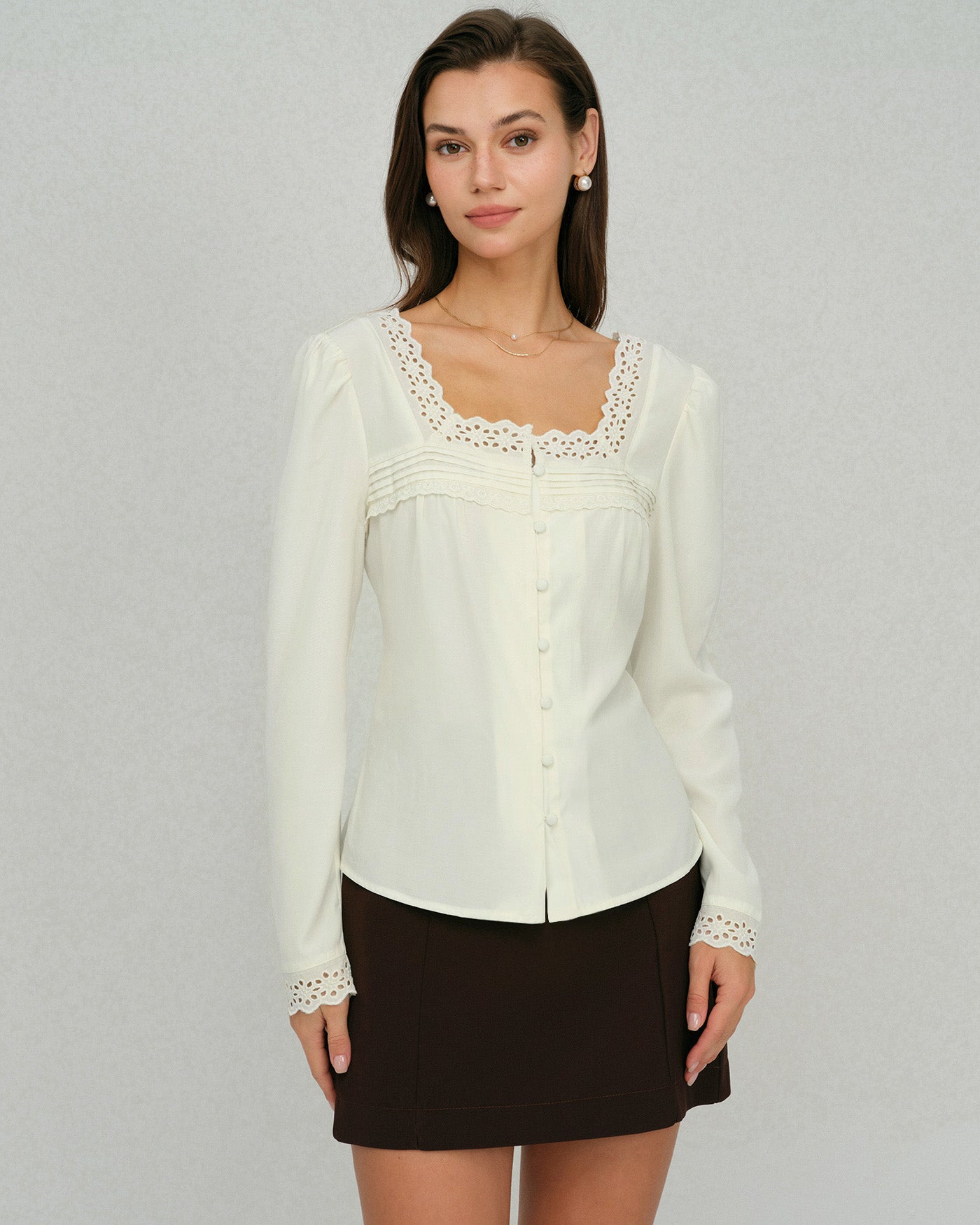 Beige Square Neck Lace Blouse | Rihoas