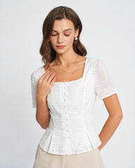 White Floral Textured Blouse | Rihoas