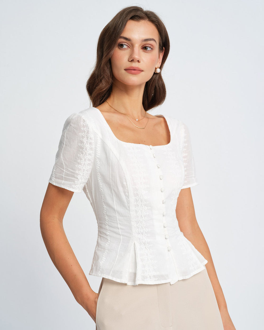 White Floral Textured Blouse | Rihoas