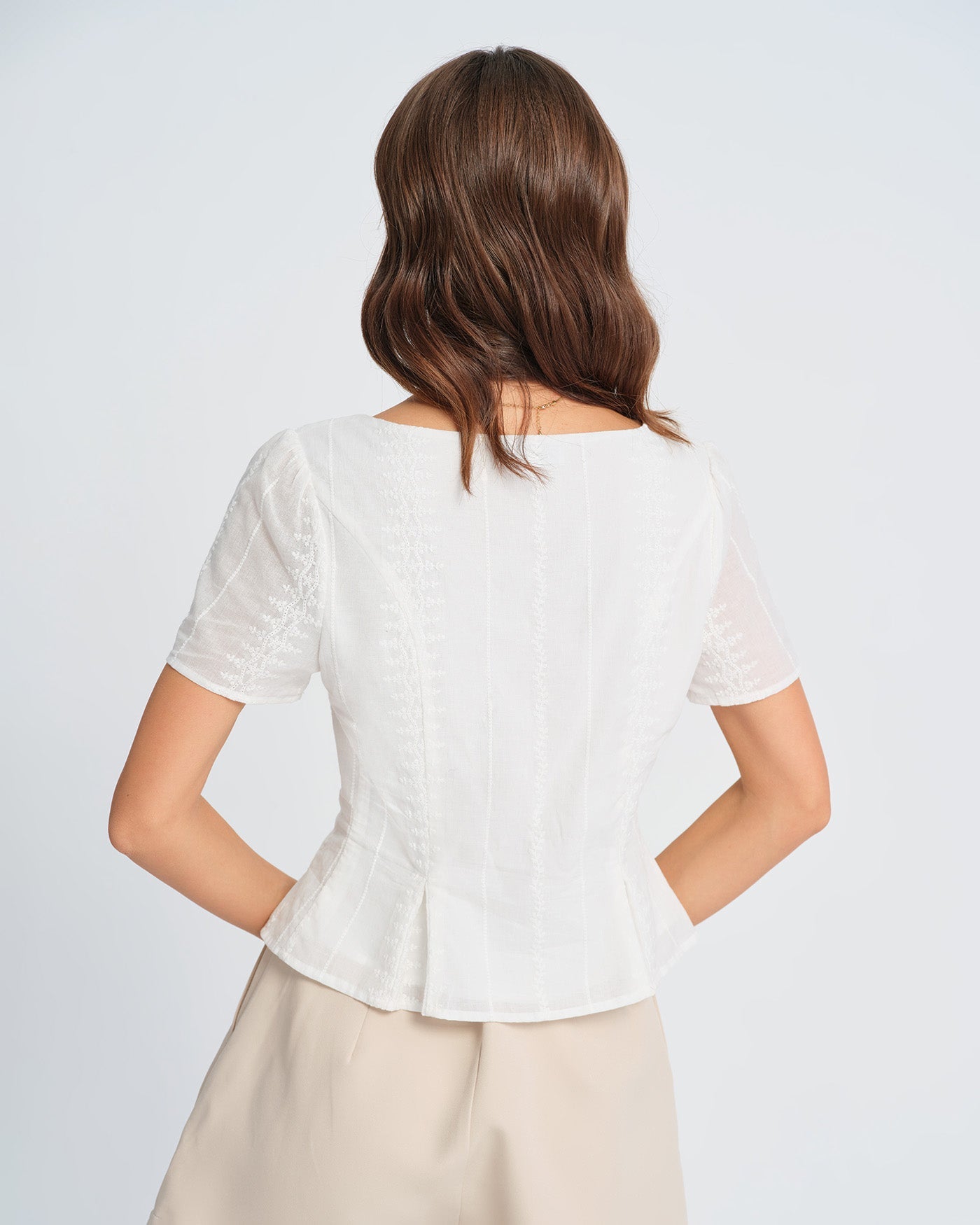 White Floral Textured Blouse | Rihoas