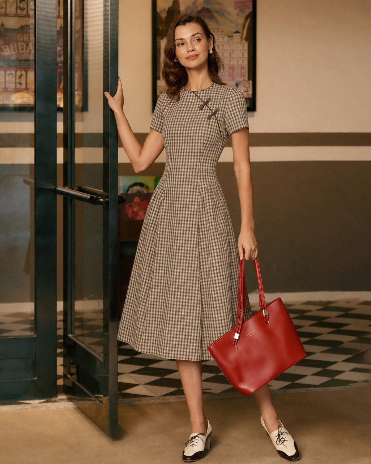 Brown Plaid Round Neck Midi Dress | Rihoas