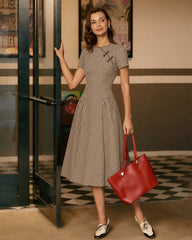 Brown Plaid Round Neck Midi Dress | Rihoas