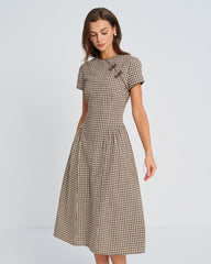 Brown Plaid Round Neck Midi Dress | Rihoas