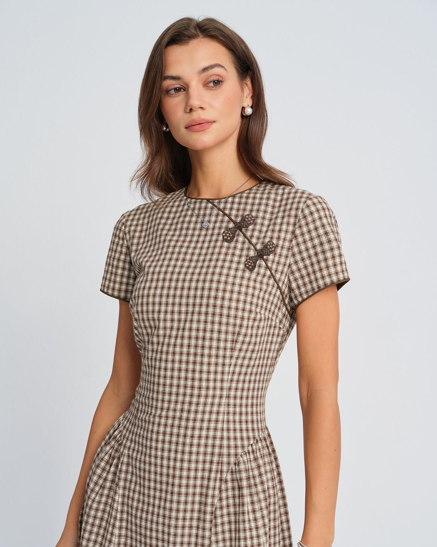 Brown Plaid Round Neck Midi Dress | Rihoas